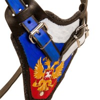 Прогулочная шлейка из натуральной кожи, с рисунком флага России, хромированная фурнитура - Димон-Камон, одежда для собак